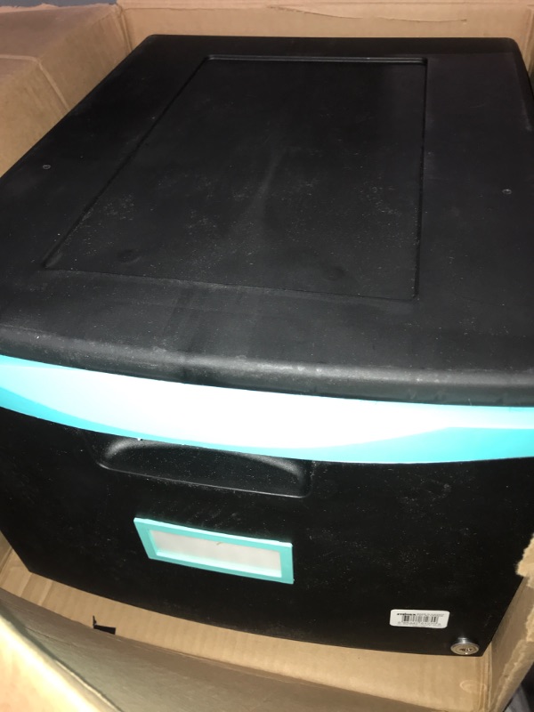 Photo 1 of Storex Plastic One-Drawer File Cabinet – Locking Document Organizer with Casters for Home and Office, Black/Teal, 1-Pack (61270A01C) 1-Drawer, With Casters 1-Pack Black/Teal