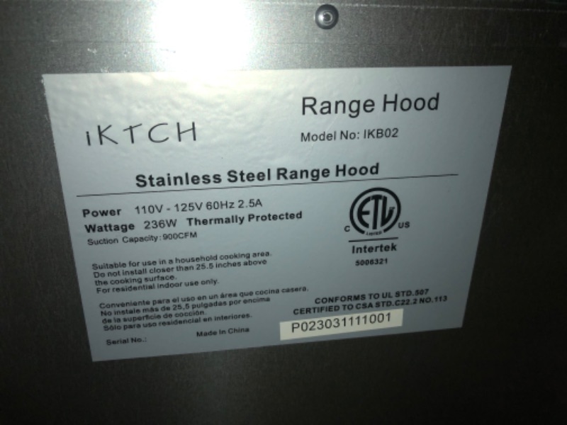 Photo 6 of *LOOKS NEW* IKTCH 42 inch Built-in/Insert Range Hood 900 CFM, Ducted/Ductless Convertible Duct, Stainless Steel 