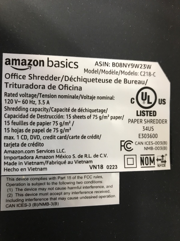 Photo 2 of Amazon Basics 15-Sheet Cross Cut Paper Shredder and Credit Card CD Shredder with 6 Gallon Bin 15 Sheet - new model Shredder