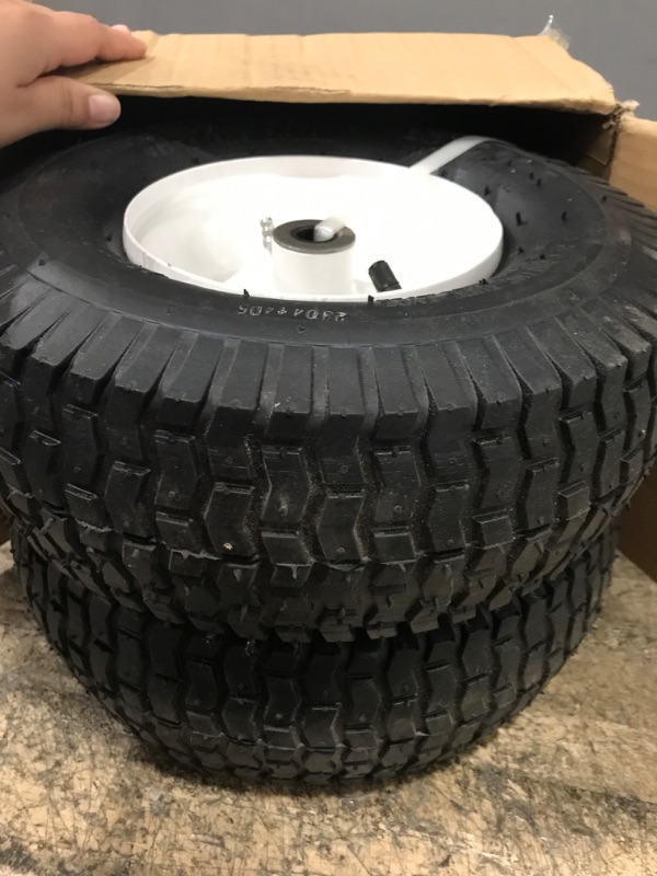 Photo 2 of MaxAuto 2Pcs 13x5.00-6 Pneumatic (Air Filled) Lawnmower Tire on Wheel, 3" Centered Hub, 3/4" Bushing White Rim