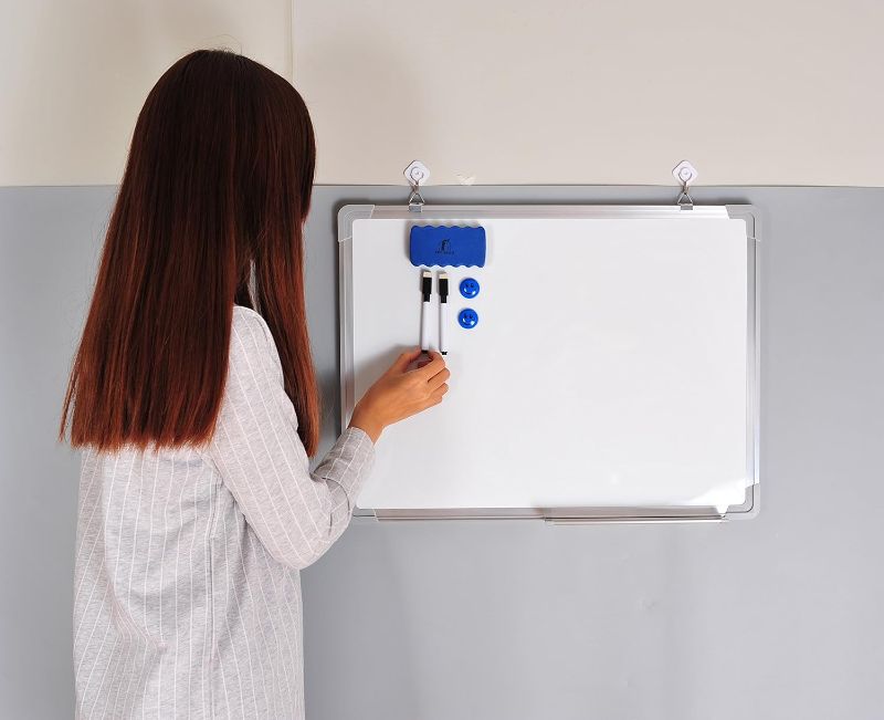 Photo 1 of Whiteboard Set - Dry Erase Board 18 x 24 " with 1 Magnetic Dry Eraser, 4 Dry Wipe Marker and 4 Magnets - Small White Hanging Message Scoreboard for Home Office School (24x18" Portrait)