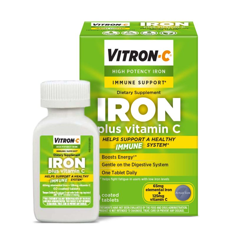 Photo 1 of *EXPIRES 9/23*2 PACK Vitron-C Iron Supplement & Immune Support, Once Daily, High Potency Iron with Vitamin C, Dye Free Tablets, 60 Count 60 Count