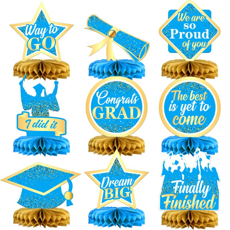 Photo 1 of (2PK BUNDLE)  KatchOn, Blue Graduation Centerpieces for Tables 2023 - Pack of 9 | Honeycomb Graduation Table Toppers for Blue and Gold Graduation Table Decorations Class of 2023 | Graduation Party Decorations 2023