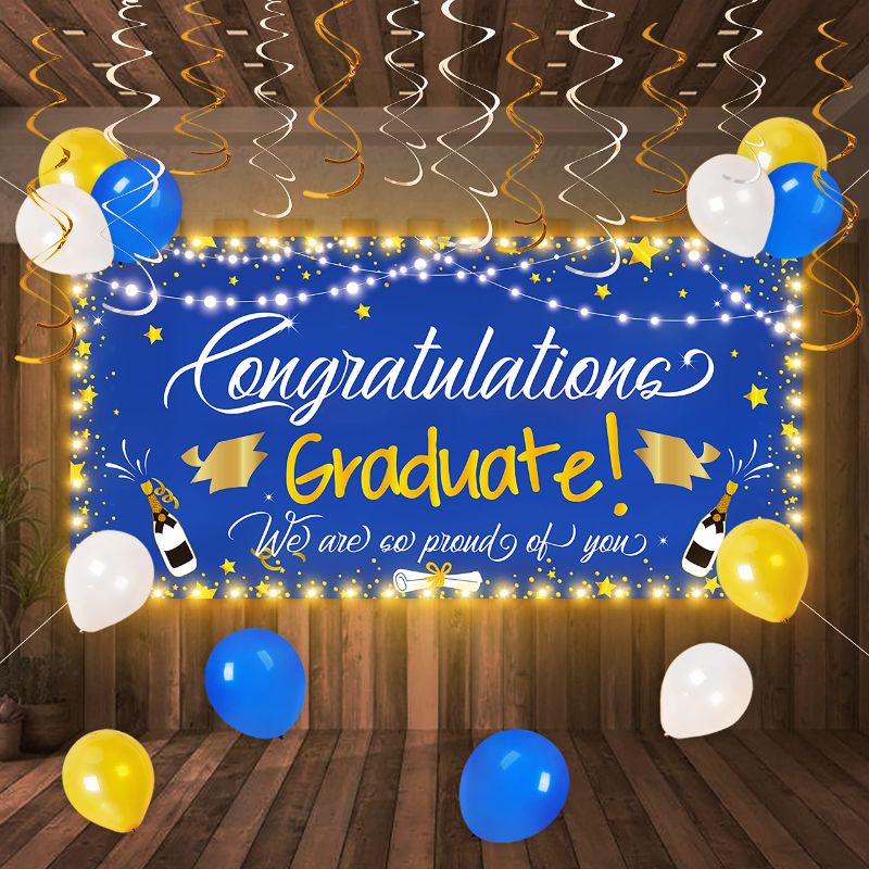 Photo 1 of 75 PCS Graduation Decorations Class of 2023 - Large Congrats Grad Banner Garland Photo Backdrop+Balloons+Hanging Swirls Party Supplies(Blue, gold & silver)