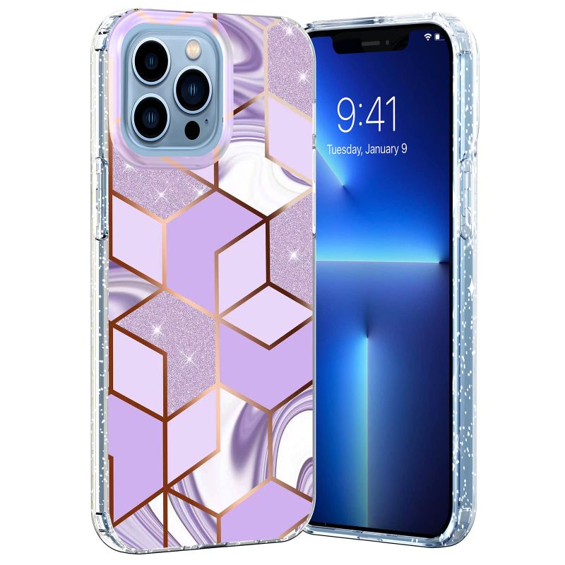 Photo 1 of (3PK BUNDLE)  Muntinfe Compatible with iPhone 13 Pro Max Case Marble for Women Girls, Slim Thin Glossy Glitter Electroplated Protective Case Shockproof Soft TPU Bumper Cute Cover for iPhone 6.7 inch 2021, Purple