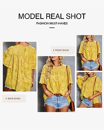 Photo 1 of Asvivid Womens Crewneck Ruffle 3/4 Bell Sleeve Blouse Babydoll Tops Lace Shirts Casual Loose Summer Tops
L