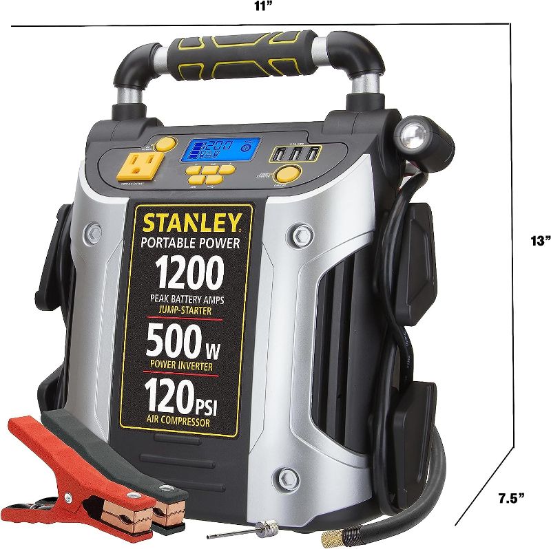 Photo 1 of STANLEY J5CPD Digital Portable Power Station Jump Starter: 1200 Peak/600 Instant Amps, 500W Inverter, 120 PSI Air Compressor, 3.1A USB Ports, Battery Clamps
