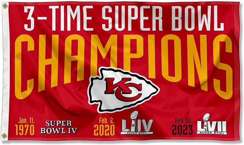 Photo 1 of  5 COUNT ***Celebrate the City Chiefs victory with this 3x5 foot LVII Champions Flag. Perfect for both indoor and outdoor use, display it proudly as a banner or flag.