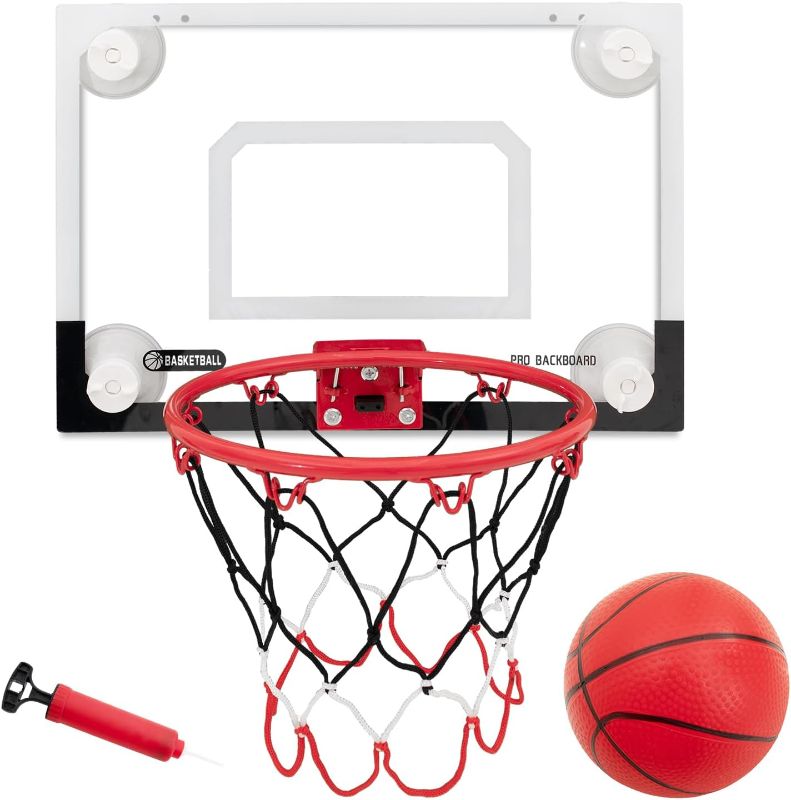Photo 1 of *** MISSING NEEDLE TO PUMP  Indoor Mini Basketball Hoop Backboard with Strong Suction Cup for Kids and Adults Over The Door Wall Mounted Basketball Goal Fits Glass, Tile, Marble...