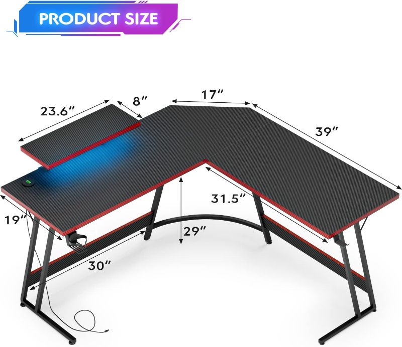 Photo 1 of Shahoo Computer Desk 51 Inch L Shaped Table, Carbon Fiber Surface Desktop, with LED Monitor Stand, Cup Holder & Headphone Hook, 50.5 inch, Black
