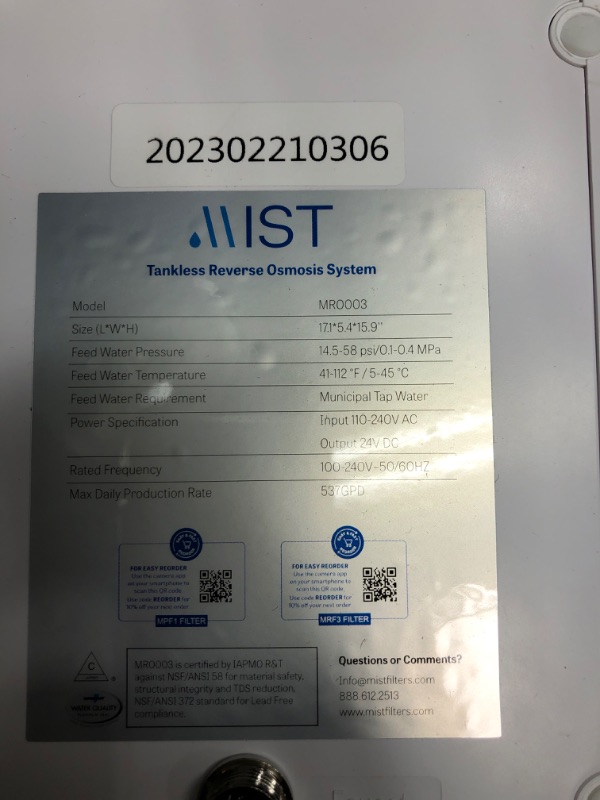 Photo 4 of **MINOR WEAR & TEAR**Reverse Osmosis Under Sink Compact Tankless RO Water Filter System, Dual-Filter, Reduces TDS, 600 GPD, 4 Stage Filtration Smart Faucet Real Time Visual Display, 2:1 Drain Ratio, IAPMO Certified- Mist