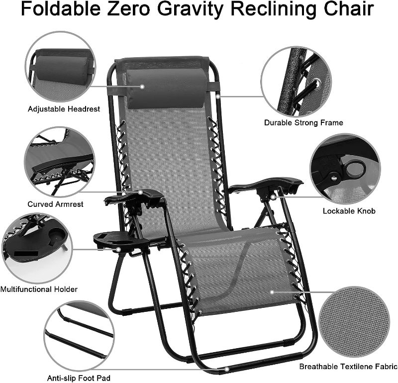 Photo 1 of ABCCANOPY Zero Gravity Adjustable Reclining Patio Chair Lounge Chair with Removable Pillow and Cup Holder Tray, (Dark Gray) 1 Dark Gray