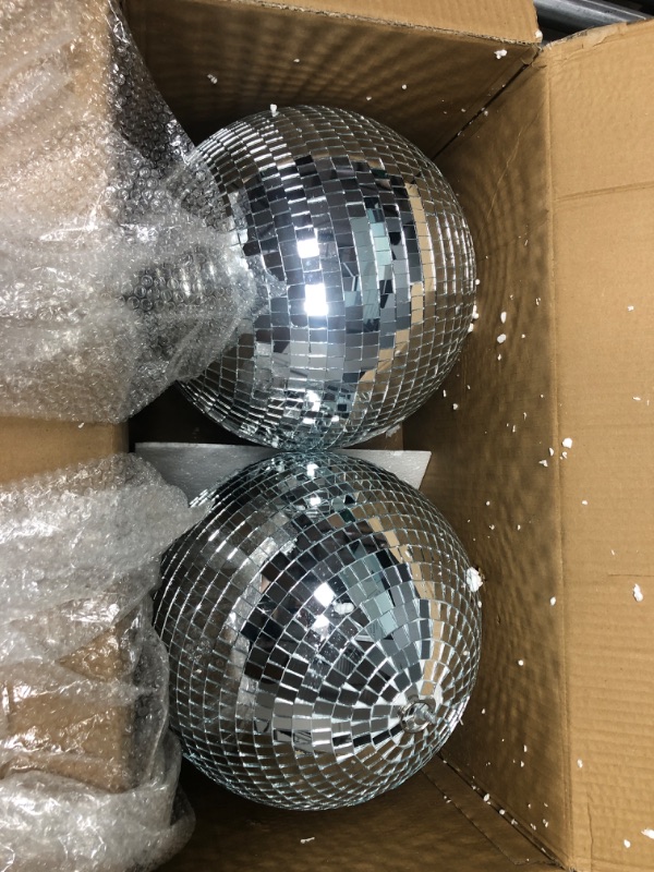 Photo 2 of 2 Pack Large Disco Ball Silver Hanging Mirror Disco Ball Reflective Mirror Disco Ball Ornament for Party Holiday Wedding Dance Music Festivals Decor Club Stage Props DJ Decoration (12 Inch, 12 Inch)