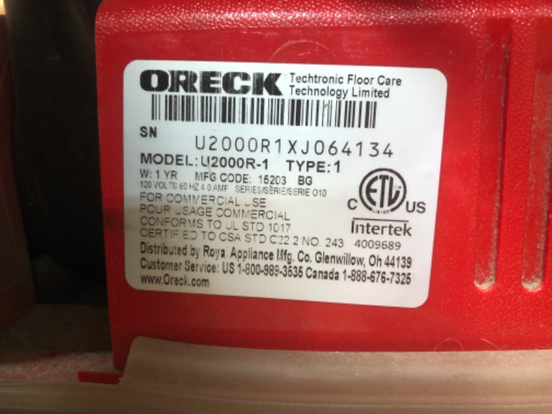 Photo 3 of * item used * item dirty * not functional * sold for parts *
Oreck - U2000RB-1 Commercial, Professional Upright Vacuum Cleaner, For Carpet and Hard Floor, U2000RB1, Red/Gray