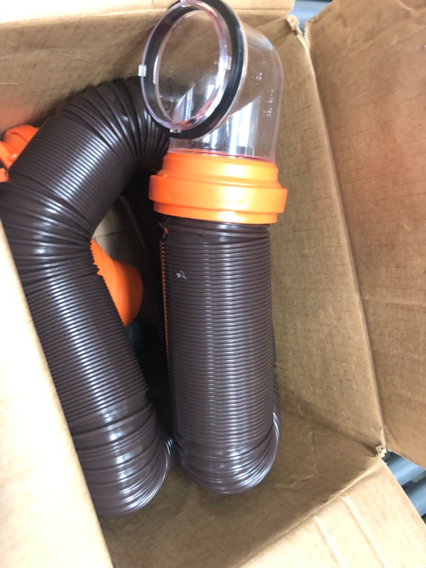 Photo 2 of Camco RhinoFLEX RV Sewer Hose Kit with Swivel Transparent Elbow and 4-in-1 Dump Station Fitting, Brown, 15 Feet (39770) 15ft Sewer Hose Kit Frustration-Free Packaging