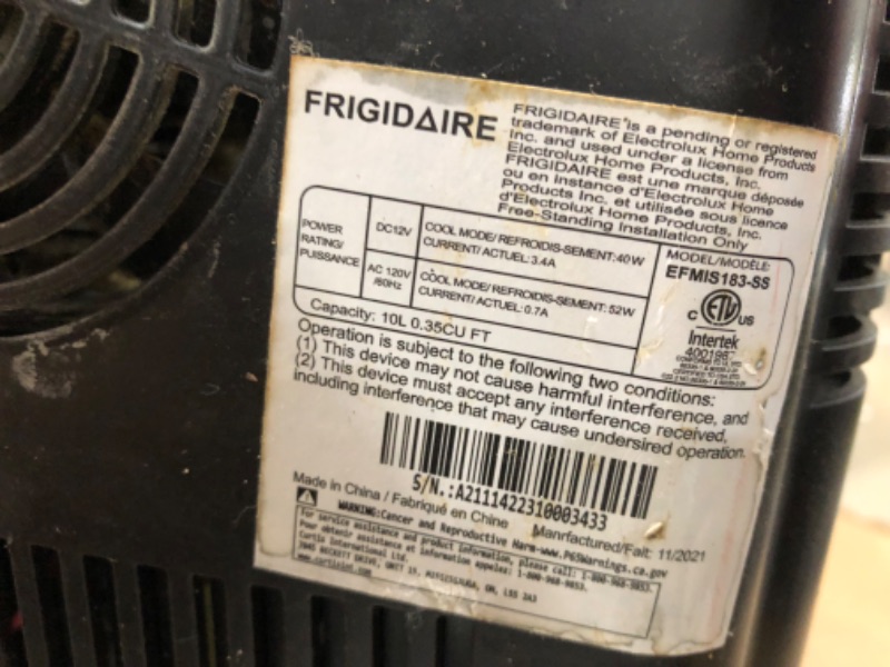 Photo 2 of * unable to test * missing power cord *
FRIGIDAIRE Portable 10L, 15-can Mini Fridge Brushed Stainless Rugged Refrigerator,