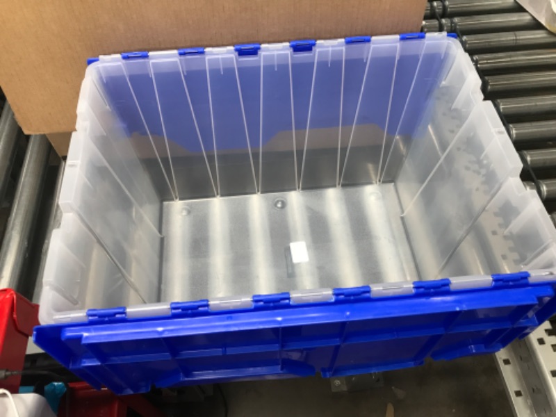 Photo 3 of Akro-Mils 66486 12-Gallon Plastic Stackable Storage Keepbox Tote Container with Attached Hinged Lid, 21-1/2-Inch x 15-Inch x 12-1/2-Inch, Clear/Blue Clear/Blue Keep Box