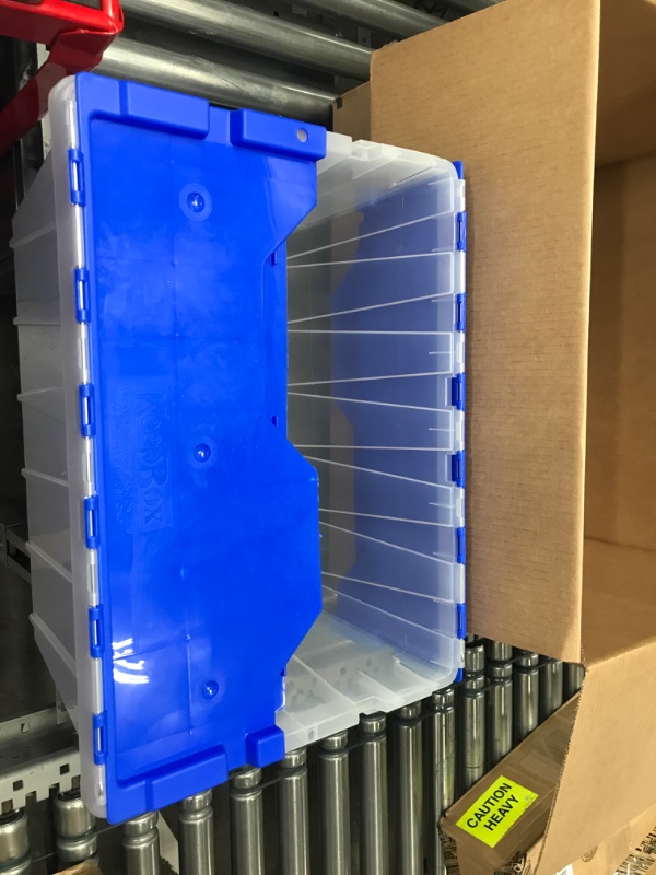 Photo 2 of Akro-Mils 66486 12-Gallon Plastic Stackable Storage Keepbox Tote Container with Attached Hinged Lid, 21-1/2-Inch x 15-Inch x 12-1/2-Inch, Clear/Blue Clear/Blue Keep Box