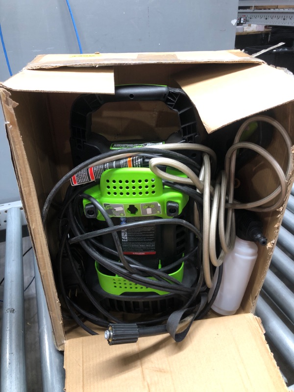 Photo 2 of ****OPENED BOX MAY BE MISSING HARDWARE USED***

Greenworks 1500 PSI 1.2 GPM Pressure Washer (Upright Hand-Carry) PWMA Certified