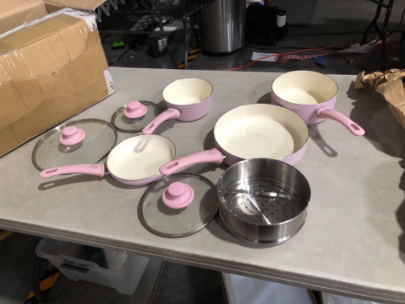 Photo 3 of ***FOR PARTS - MISSING PARTS - SEE NOTES***
 GreenLife Soft Grip Healthy Ceramic Nonstick 16 Piece Kitchen Cookware Pots and Frying Sauce Pans Set, PFAS-Free, Dishwasher Safe, Soft Pink 16 Piece Cookware Set Soft Pink