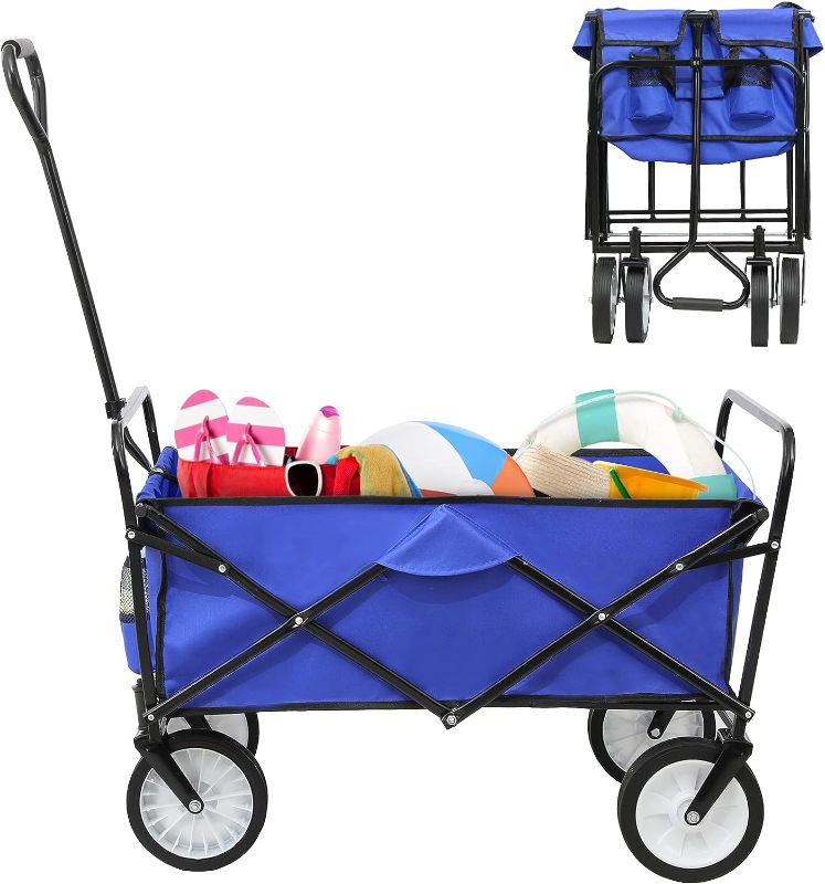 Photo 1 of Arlopu Collapsible Folding Wagon Cart, Outdoor Park Utility Garden Wagon with 2 Cup Holders, Heavy Duty Portable Picnic Camping Cart for Shopping, Sport, Beach, Camping, Grocery, 150 LBS (Blue)
