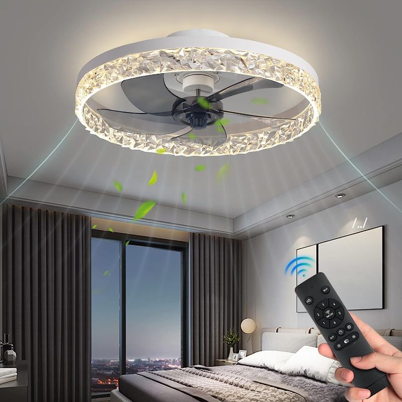 Photo 1 of KINDLOV Modern Indoor Flush Mount Ceiling Fan with Lights,Dimmable Low Profile Ceiling Fans with Remote Control,Smart 3 Light Color Change and 6 Speeds for Bedroom Living Room Kitchen,White
