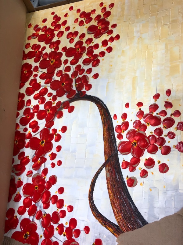 Photo 2 of **BOX STUCK TO PAINTING**  YaSheng Art - hand-painted Oil Painting On Canvas Texture Palette Knife Red Flowers Paintings 24x48inch (60x120cm) YS0012