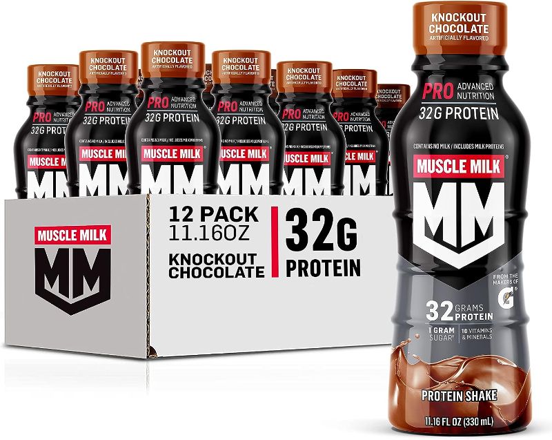 Photo 1 of  BEST BY 3 14 24
Muscle Milk Pro Advanced Nutrition Protein Shake, Knockout Chocolate, 11.16 Fl Oz (Pack of 12), 32g Protein, 1g Sugar, 16 Vitamins & Minerals, 5g Fiber,...