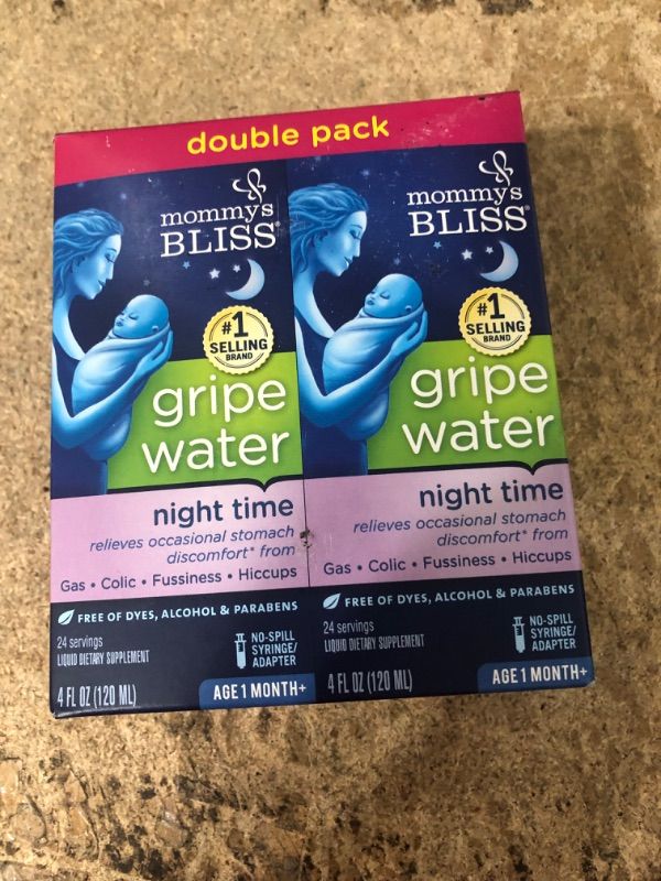 Photo 3 of **EXPIRES 04/2025** Mommy's Bliss Gripe Water Night Time Double Pack, Relieves Stomach Discomfort From Gas, Colic, Fussiness, & Hiccups, Gentle & Safe, For Infants Age 1 Month+, 2 Pack (Total 8 Fl Oz)
