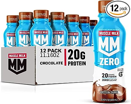 Photo 1 of **EXPIRES MARCH14/2024** Muscle Milk Zero Protein Shake, Chocolate,20g Protein, Zero Sugar, 100 Calories, Calcium, Vitamins A, C & D, 4g Fiber, Energizing Snack, Workout Recovery, Packaging May Vary,11.16 Fl Oz (Pack of 12)