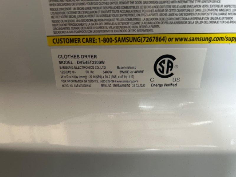 Photo 4 of LIKE NEW-Samsung 7.2-cu ft Electric Dryer (White