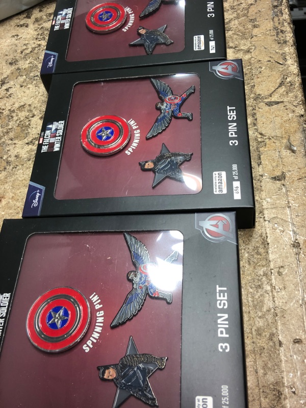 Photo 2 of 3 Marvel Studios: The Falcon and The Winter Soldier Metal based and Enamel 3 Lapel Pin Set with 16cm Officially Licensed Circular Window Box. (Amazon Exclusive)