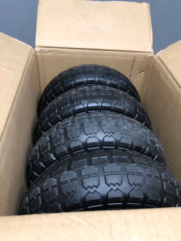 Photo 1 of 10" Flat Free Tires Solid Rubber Tyre Wheels?4.10/3.50-4 Air Less Tires Wheels with 5/8" Center Bearings?for Hand Truck/Trolley/Garden Utility Wagon Cart/Lawn Mower/Wheelbarrow/Generator?4 Pack, Black 12.4 Pounds Black