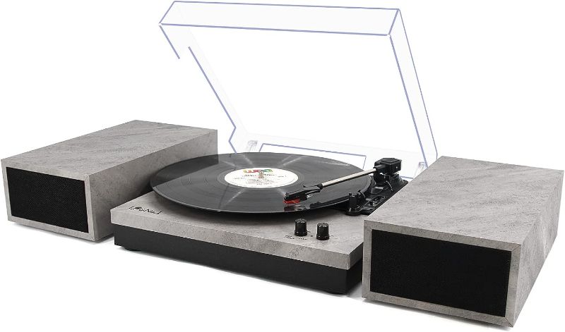 Photo 6 of POWERS ON *** LP&No.1 Record Player with External Speakers, 3 Speed Vintage Belt-Drive Vinyl Turntable with Bluetooth Playback & Auto-Stop ?Cement Ash