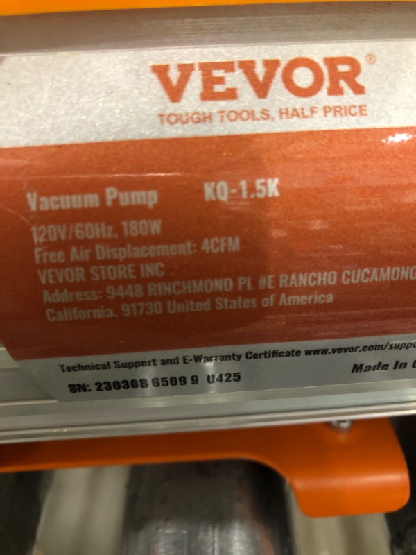 Photo 1 of VEVOR 3.5 CFM AC Vacuum Pump and Gauge Set, Applicable to R134a, R1234yf Refrigerant, Single Stage Rotary Vane HVAC Air Vacuum Pump, Refrigerant Kit, Manifold Gauge, High Pressure Hose Including 4 CFM with Leak Detector
