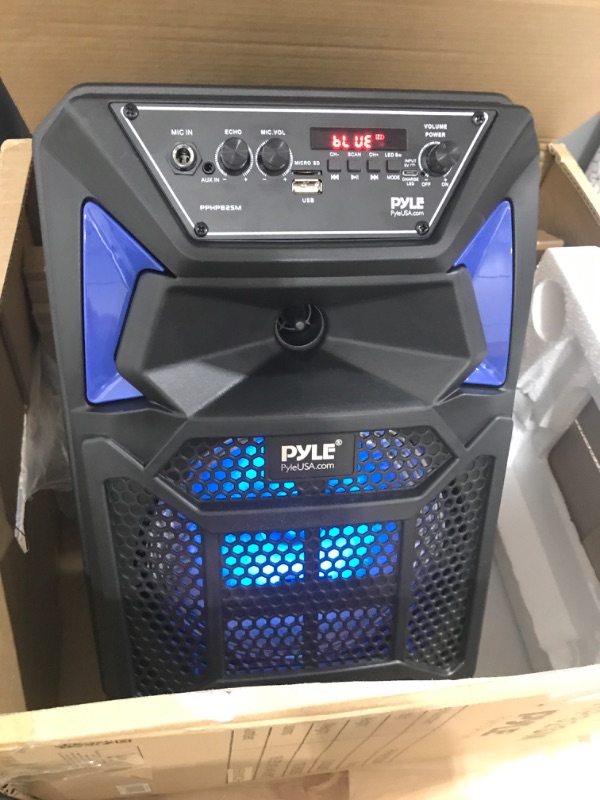 Photo 2 of Portable Bluetooth PA Speaker System - 400W Outdoor Bluetooth Speaker Portable PA System w/Microphone in, Party Lights, MP3/USB SD Card Reader, FM Radio, Rolling Wheels - Mic, Remote - Pyle PPHP82SM