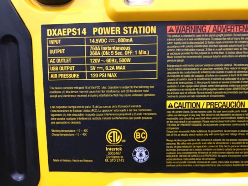 Photo 5 of DEWALT DXAEPS14 1600 Peak Battery Amp 12V Automotive Jump Starter/Power Station with 500 Watt AC Power Inverter, 120 PSI Digital Compressor, and USB Power , Yellow