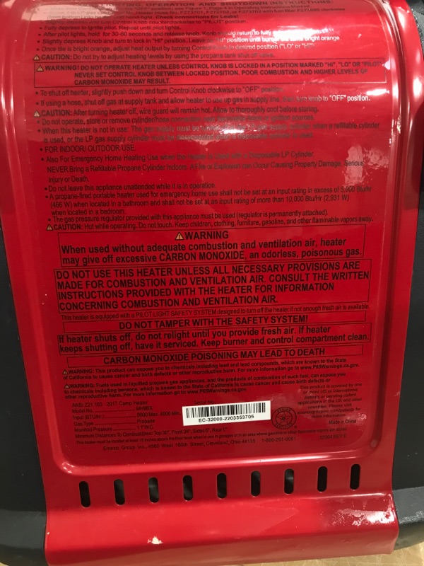 Photo 4 of **UNABLE TO TEST** Mr. Heater F232000 MH9BX Buddy 4,000-9,000-BTU Indoor-Safe Portable Propane Radiant Heater, Red-Black Red Heater