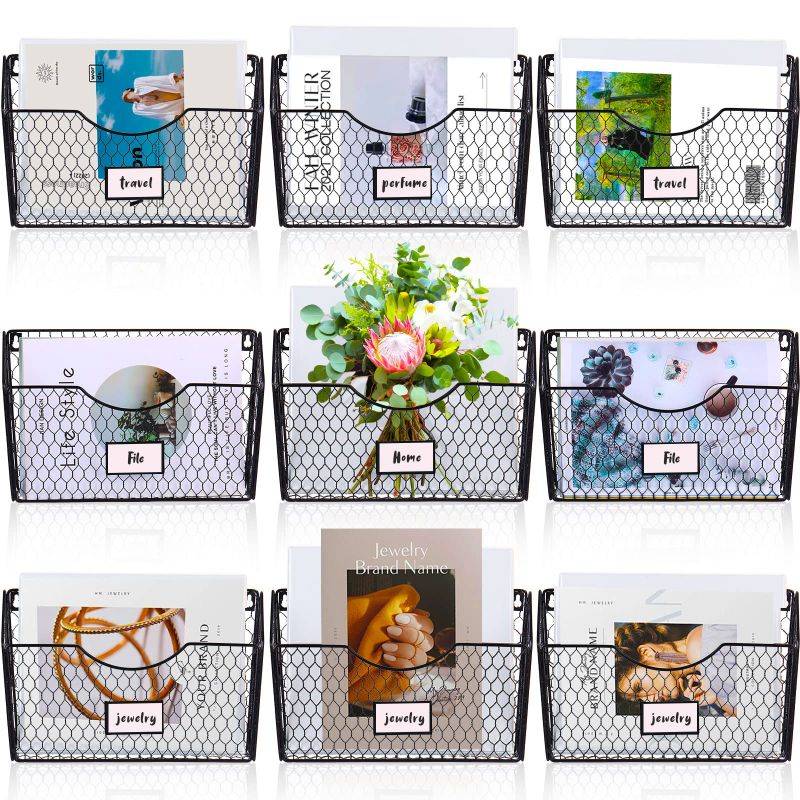 Photo 1 of 9 Pieces Hanging File Holder Wall File Organizer Metal Wire Hanging File Holder Organizer Mesh Wall Pocket with Tag Slot for Wall Door Office Home