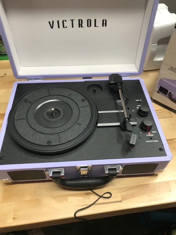 Photo 2 of Victrola Vintage 3-Speed Bluetooth Portable Suitcase Record Player with Built-in Speakers | Upgraded Turntable Audio Sound | Lavender (VSC-550BT-LVG) Lavender/Silver Record Player