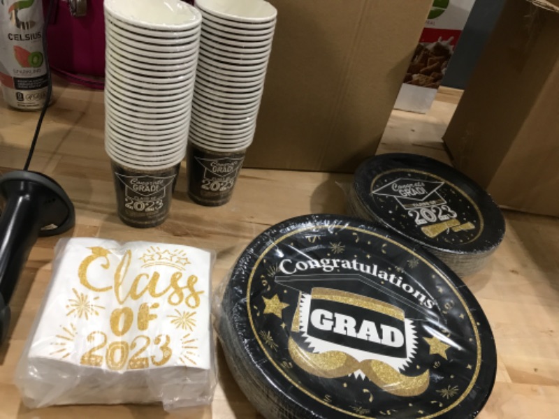 Photo 3 of 200PCS Graduation Paper Plates and Napkins Cups Class of 2023 Plates, Black and Gold Congrats Grad Party Decorations Supplies Disposable Plates Dinnerware Set for Meal Dessert Cake Black,Gold