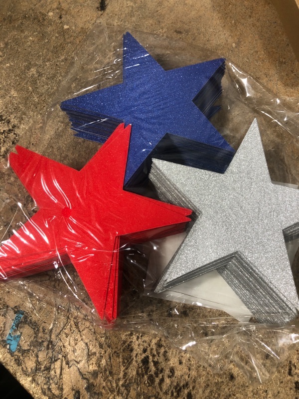 Photo 2 of Fainne 300 Pieces Glitter Star Cutouts Paper Star Confetti Cutouts Red White and Blue Decorations for Bulletin Board Classroom Wall Independence Day Party Decoration Supplies 6 Inch in Diameter