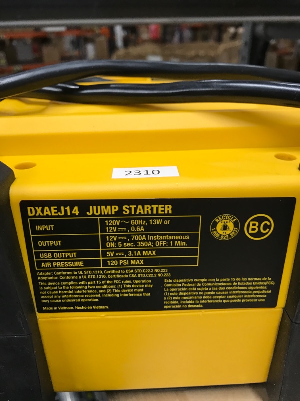 Photo 3 of DEWALT DXAEJ14 Digital Portable Power Station Jump Starter: 1400 Peak/700 Instant Amps, 120 PSI Digital Air Compressor, 3.1A USB Ports, Battery Clamps , Yellow