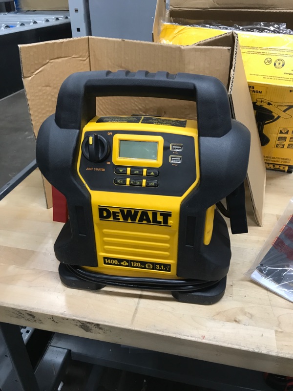 Photo 2 of DEWALT DXAEJ14 Digital Portable Power Station Jump Starter: 1400 Peak/700 Instant Amps, 120 PSI Digital Air Compressor, 3.1A USB Ports, Battery Clamps , Yellow