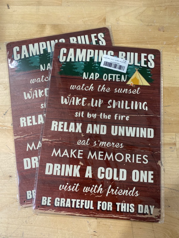 Photo 2 of ***TWO PACK*** REBBLE PEBBLE Camping Signs Camper Rules Sign Fun Wall Decor Inside Decorations For Campers Lake House 12''x8'' Outdoor Metal Sign - Camping Rules