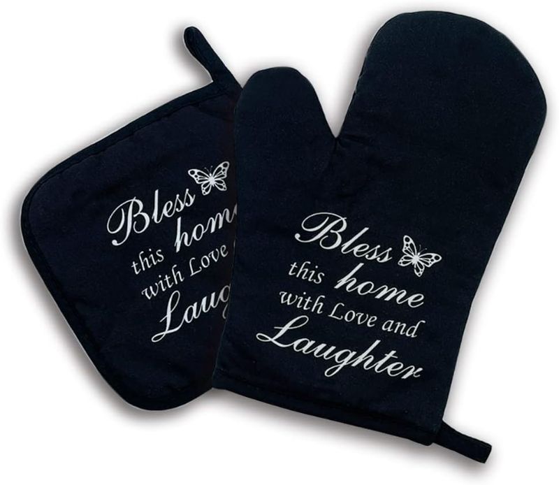 Photo 1 of **PACK OF TWO** Bless This Home with Love and Laughter,Oven Mitts and Pot Holders Sets of 2?Funny Oven Mitt?Cute Housewarming Gift?Housewarming Gifts for New Home?New Homeowner Gifts for Home
