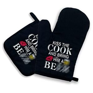 Photo 1 of **PACK OF THREE ** Kiss the Cook and Bring Him A Beer, Oven Mitts and Pot Holders Sets of 2?Funny Oven Mitt?Cute Housewarming Gift?Housewarming Gifts for New Home?New Homeowner Gifts for Home