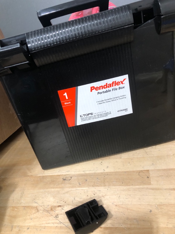 Photo 2 of **RIGHT LATCH BROKEN **
Pendaflex Portable File Box with File Rails, Hinged Lid with Double Latch Closure, Black, 3 Black Letter Size Hanging Folders Included (41742AMZ)
