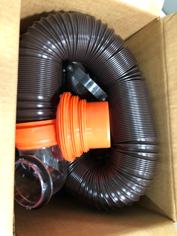 Photo 2 of Camco RhinoFLEX RV Sewer Hose Kit with Swivel Transparent Elbow and 4-in-1 Dump Station Fitting, Brown, 15 Feet (39770) 15ft Sewer Hose Kit Frustration-Free Packaging