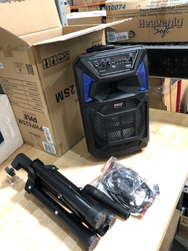 Photo 2 of Portable Bluetooth PA Speaker System - 400W Outdoor Bluetooth Speaker Portable PA System w/Microphone in, Party Lights, MP3/USB SD Card Reader, FM Radio, Rolling Wheels - Mic, Remote - Pyle PPHP82SM